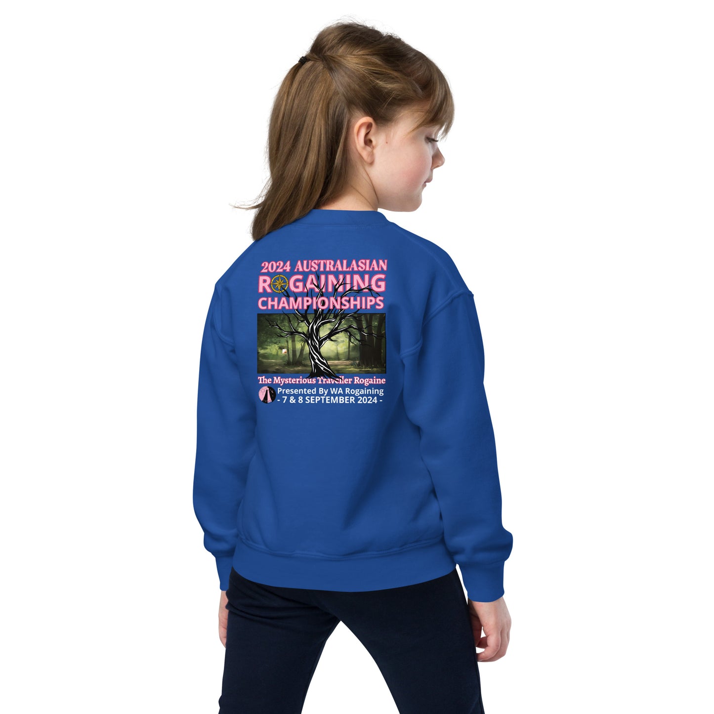 2024 Australasian Rogaining Championship - Graphic - Unisex Youth Crew Neck - Royal Blue + Pink